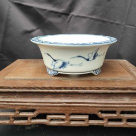 Chậu tròn vẽ tay Vân – hạc, Cảnh Đức T045