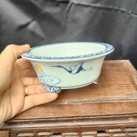 Chậu tròn vẽ tay Vân – hạc, Cảnh Đức T045