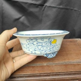 Chậu tròn vẽ tay Vân – hạc, Cảnh Đức T045