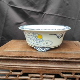 Chậu tròn vẽ tay Vân – hạc, Cảnh Đức T045