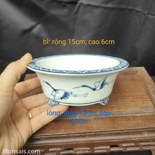 Chậu tròn vẽ tay Vân – hạc, Cảnh Đức T045