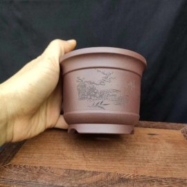 Chậu tròn điêu khắc thủ công; quặng thô nguyên bản T054
